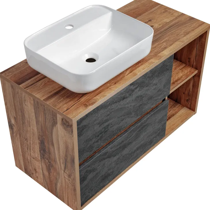 Mobile bagno sospeso 100cm con lavabo, mobile specchio e colonna rovere antracite Stony