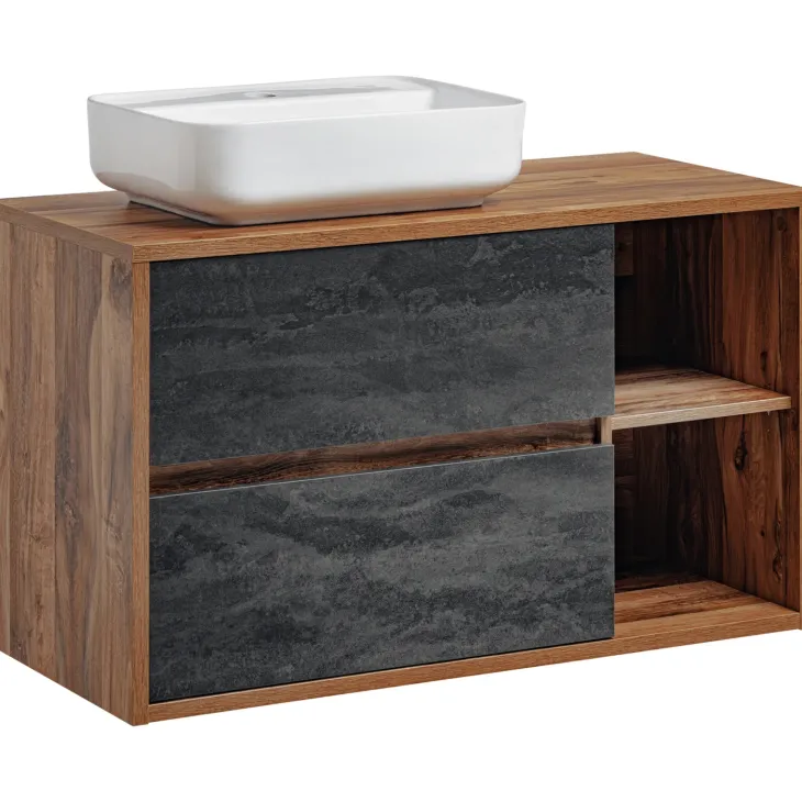 Mobile bagno sospeso 100cm con lavabo, mobile specchio e colonna rovere antracite Stony