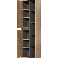 Mobile bagno sospeso 100cm con lavabo, mobile specchio e colonna rovere antracite Veny