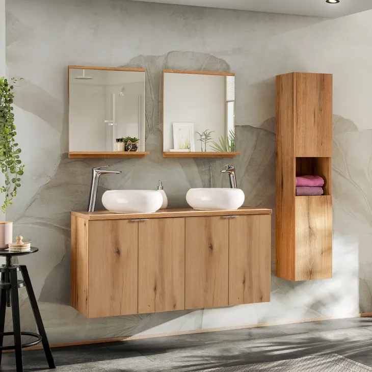 Mobile bagno sospeso 120cm con 2 lavabi e colonna rovere Rovery