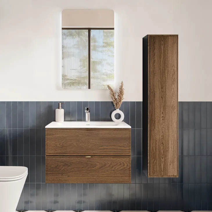 Mobile bagno sospeso 80cm con lavabo e colonna noce Walnuts