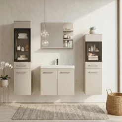 Mobile bagno sospeso 60cm con lavabo, specchio e 2 colonne vetrate beige cashmere Cubik