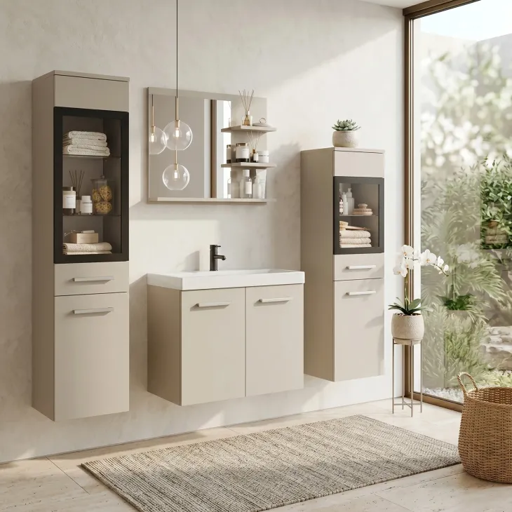 Mobile bagno sospeso 60cm con lavabo, specchio e 2 colonne vetrate beige cashmere Cubik