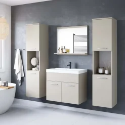 Mobile bagno sospeso 60cm con lavabo, specchio e 2 colonne beige cashmere Mila