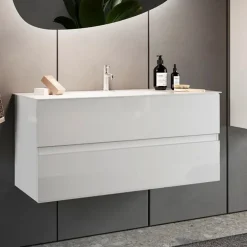 Mobile bagno sospeso 80cm con lavabo 2 cassetti bianco lucido Moon
