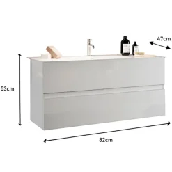 Mobile bagno sospeso 80cm con lavabo 2 cassetti bianco lucido Moon