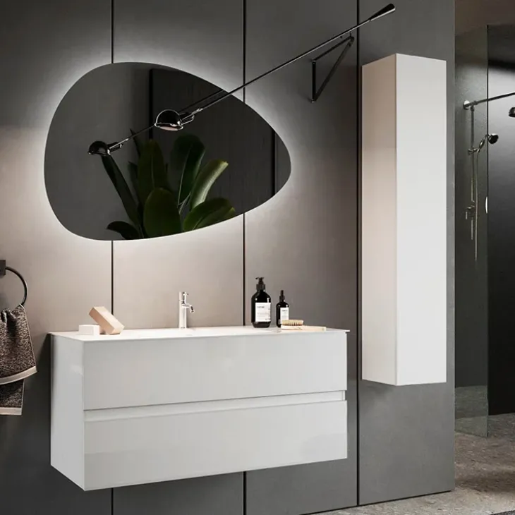Mobile bagno sospeso 80cm con lavabo 2 cassetti bianco lucido Moon