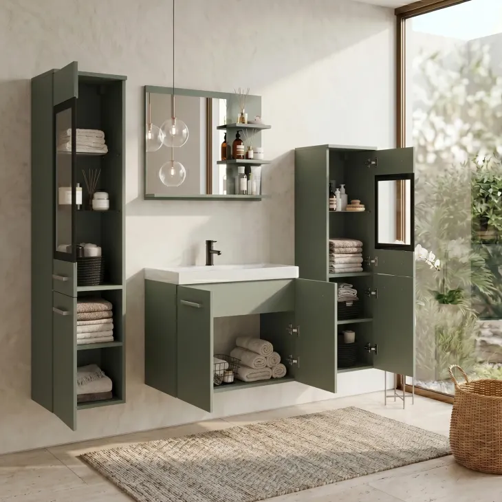 Mobile bagno sospeso 60cm con lavabo, specchio e 2 colonne vetrate verde salvia Cubik