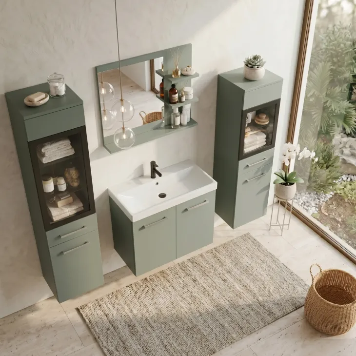 Mobile bagno sospeso 60cm con lavabo, specchio e 2 colonne vetrate verde salvia Cubik