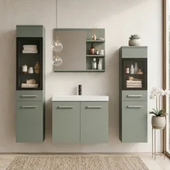 Mobile bagno sospeso 60cm con lavabo, specchio e 2 colonne vetrate verde salvia Cubik