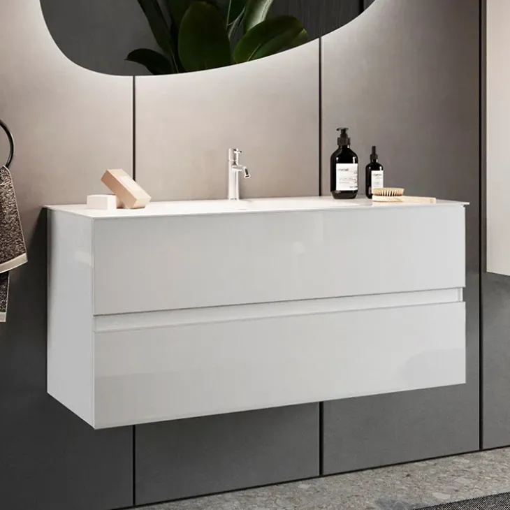 Mobile bagno sospeso 100cm con lavabo 2 cassetti bianco lucido Moon