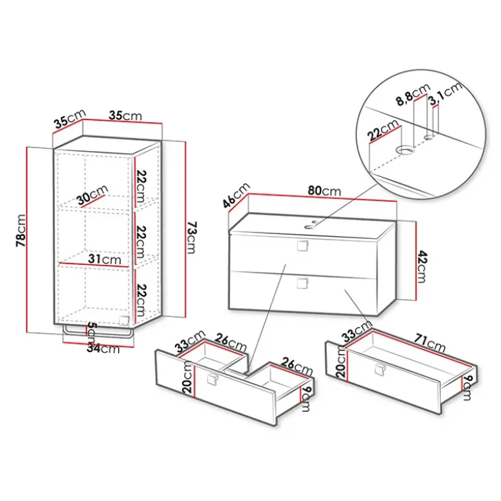 Mobile bagno sospeso 80cm con pensile 2 cassetti bianco Bursa 3