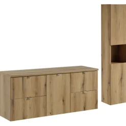 Mobile bagno sospeso 140cm con portabiancheria e colonna rovere Rovery