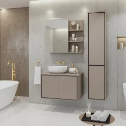 Mobile bagno sospeso 78cm con specchio e colonna tortora nero Linda