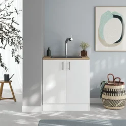 Mobile base sottolavello multiuso 80x90h cm componibile 2 ante bianco lucido rovere Kimera