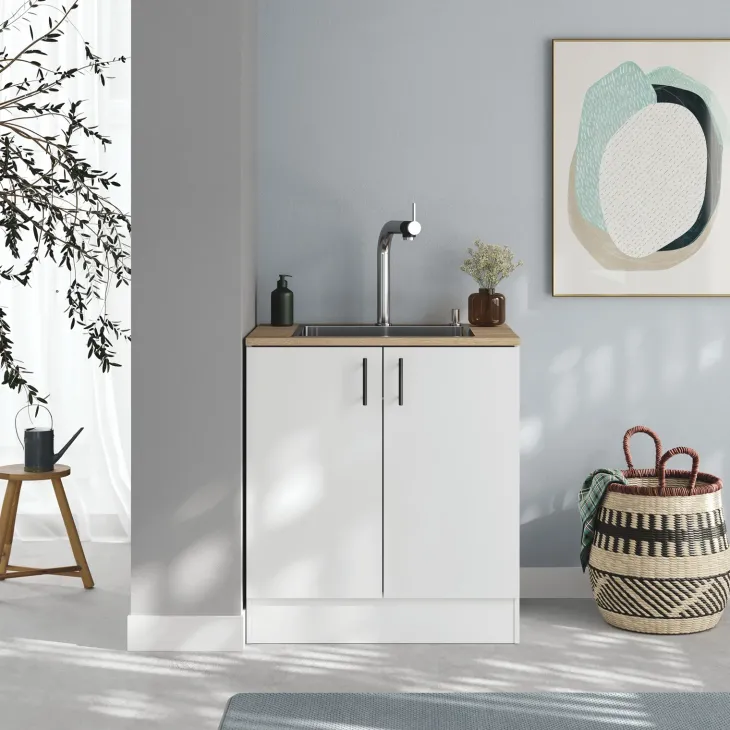 Mobile base sottolavello multiuso 80x90h cm componibile 2 ante bianco lucido rovere Kimera