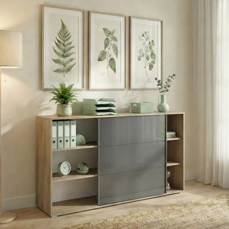 Mobile basso ufficio 159x106h cm anta scorrevole rovere antracite lucido Time W