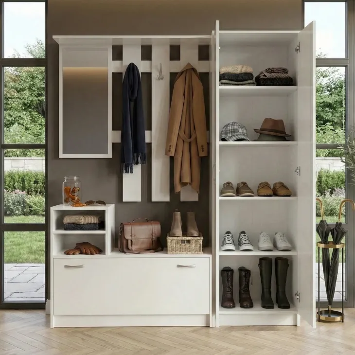 Mobile ingresso 155x190h cm appendiabiti scarpiera con specchio bianco lucido Atlanta