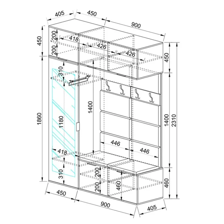 Mobile ingresso 135x231h cm con specchio rovere grafite Arat