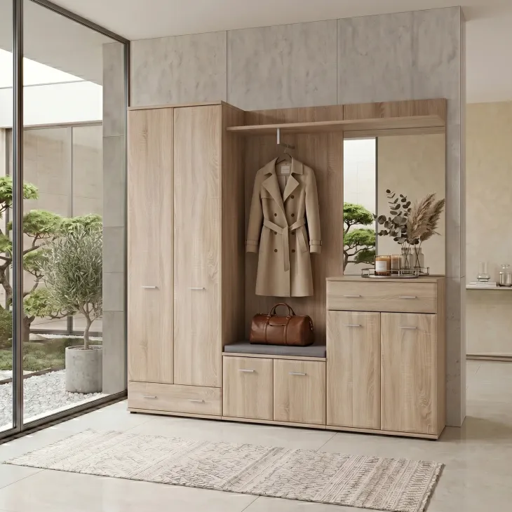 Mobile ingresso 180x203h cm con specchio e appendiabiti rovere sonoma California 3 Gihome®