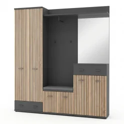 Mobile ingresso 180x203h cm con specchio e appendiabiti rovere rustico antracite stampa a righe California 3 Gihome®