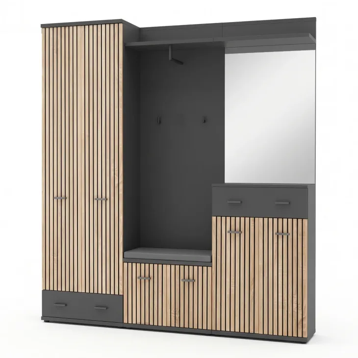 Mobile ingresso 180x203h cm con specchio e appendiabiti rovere rustico antracite stampa a righe California 3 Gihome®