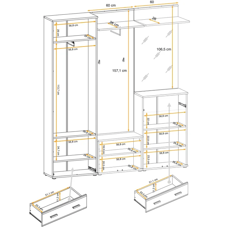 Mobile ingresso 180x203h cm con specchio e appendiabiti rovere rustico antracite stampa a righe California 3 Gihome®