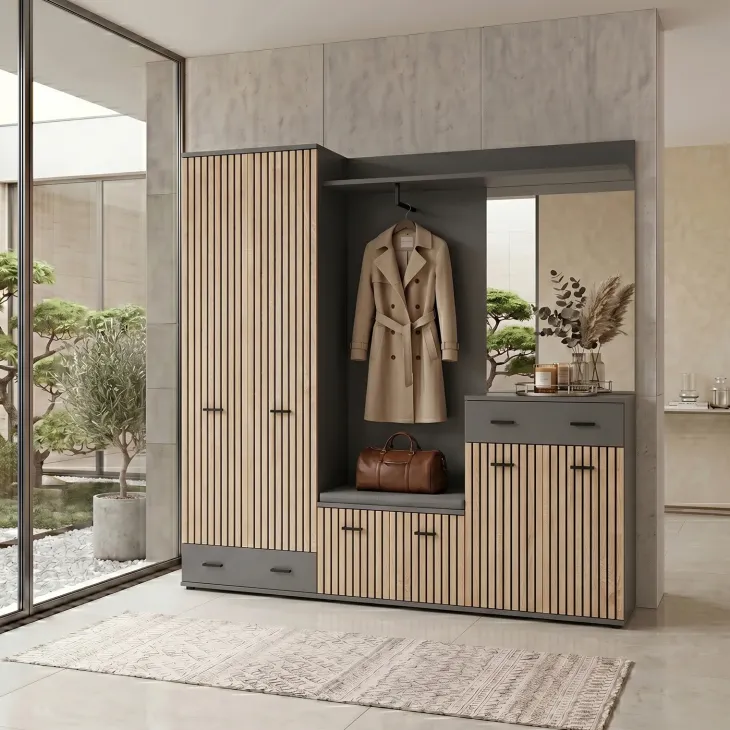 Mobile ingresso 180x203h cm con specchio e appendiabiti rovere rustico antracite stampa a righe California 3 Gihome®