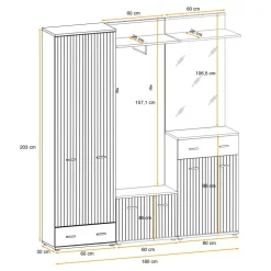Mobile ingresso 180x203h cm con specchio e appendiabiti rovere rustico antracite stampa a righe California 3 Gihome®