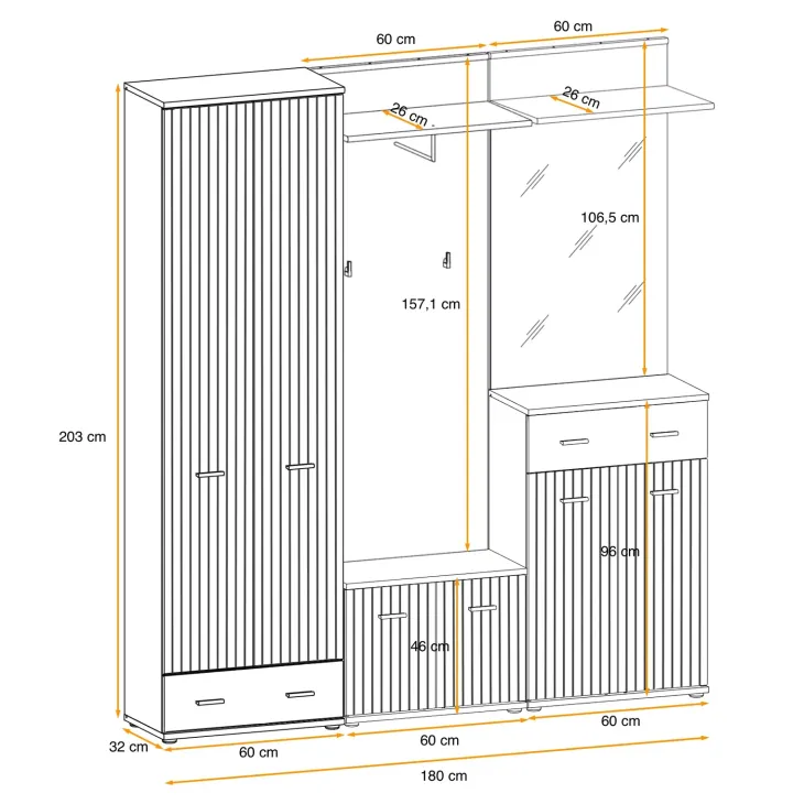 Mobile ingresso 180x203h cm con specchio e appendiabiti rovere rustico antracite stampa a righe California 3 Gihome®