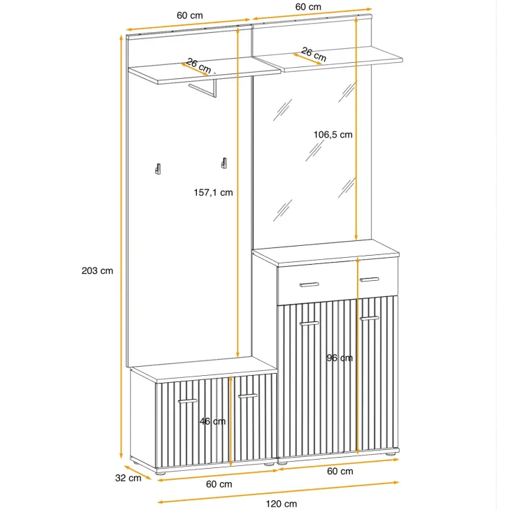 Mobile ingresso 120x203h cm con specchio e appendiabiti rovere rustico antracite stampa a righe California 2 Gihome®