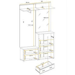 Mobile ingresso 120x203h cm con specchio e appendiabiti rovere rustico antracite stampa a righe California 2 Gihome®