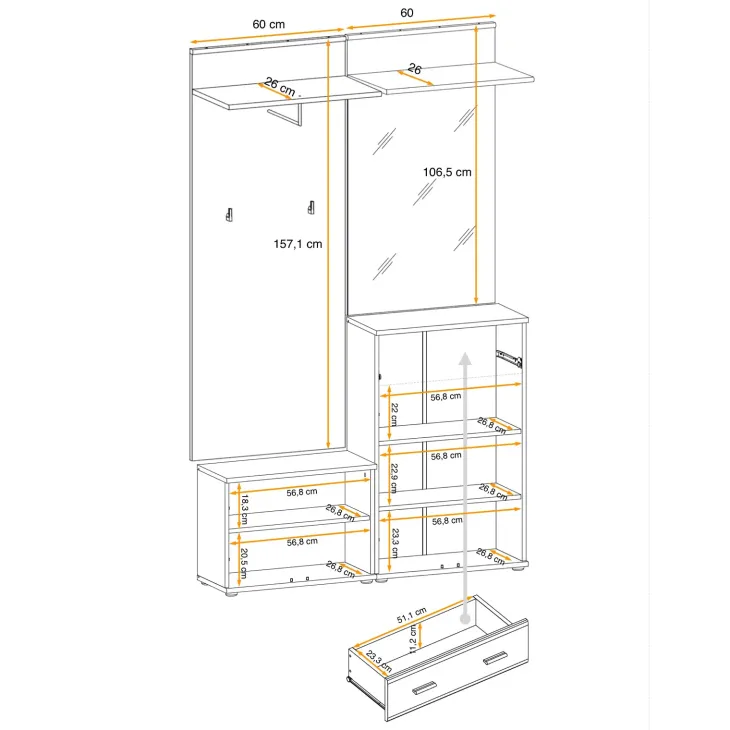 Mobile ingresso 120x203h cm con specchio e appendiabiti rovere rustico antracite stampa a righe California 2 Gihome®