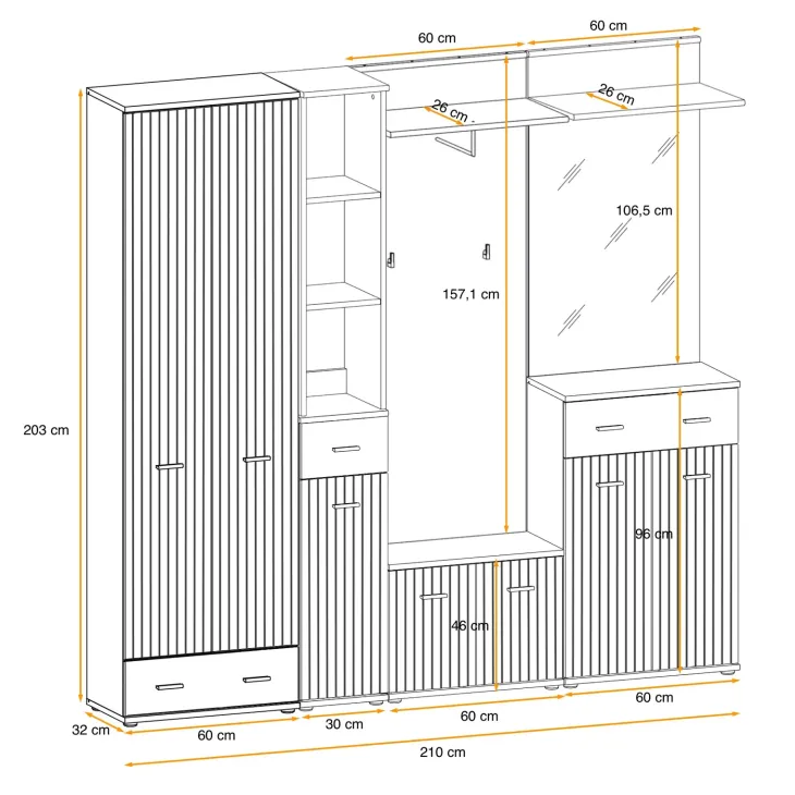Mobile ingresso 210x203h cm con specchio e appendiabiti rovere rustico antracite stampa a righe California 4 Gihome®