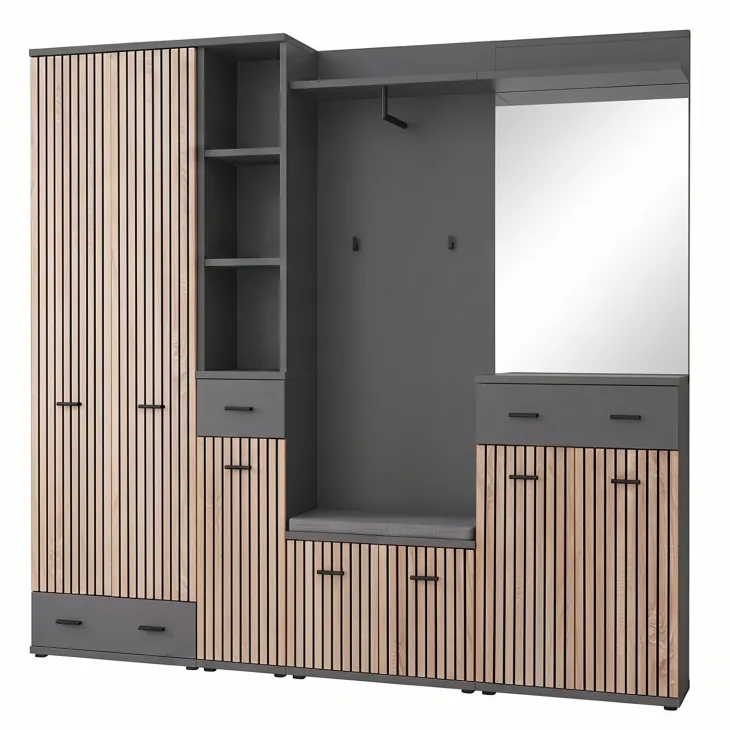 Mobile ingresso 210x203h cm con specchio e appendiabiti rovere rustico antracite stampa a righe California 4 Gihome®
