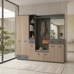 Mobile ingresso 210x203h cm con specchio e appendiabiti rovere rustico antracite stampa a righe California 4 Gihome®