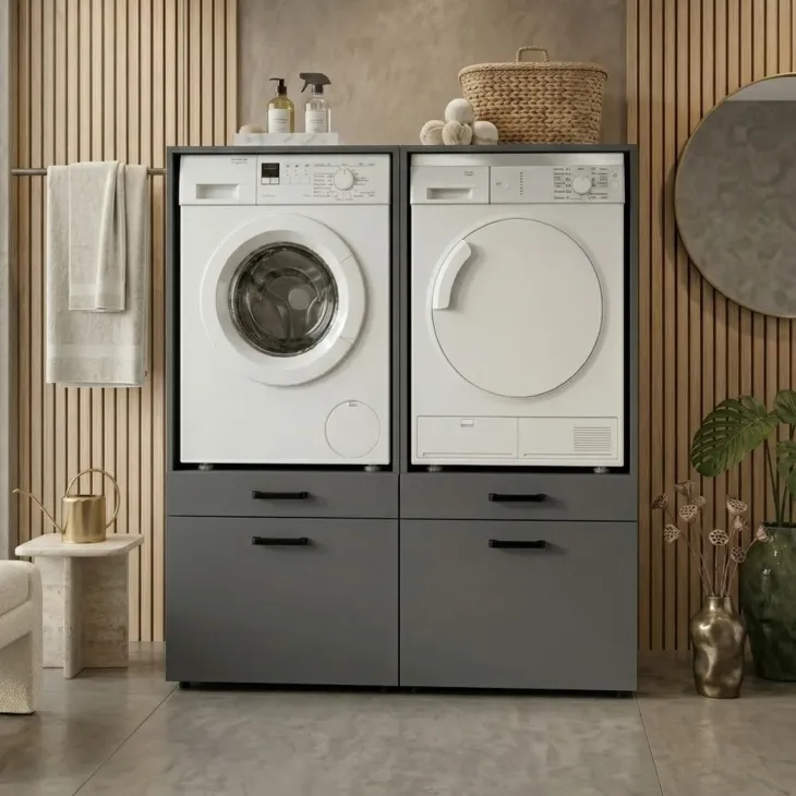 Mobile lavatrice e asciugatrice 134x144h cm con cassettoni antracite Water