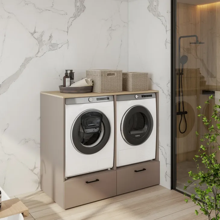 Mobile lavatrice e asciugatrice 132x117h cm con cassettone tortora rovere Wave