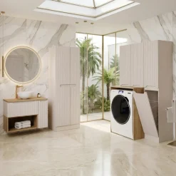 Mobile lavatrice lavanderia 165x180h cm con portabiancheria cannettato beige Cleany