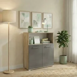 Mobile multiuso con ripiano ufficio 80x106h cm 2 ante rovere antracite lucido Time C