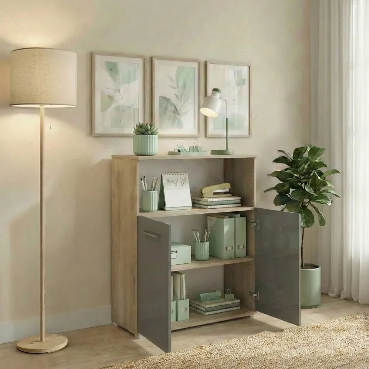 Mobile multiuso con ripiano ufficio 80x106h cm 2 ante rovere antracite lucido Time C