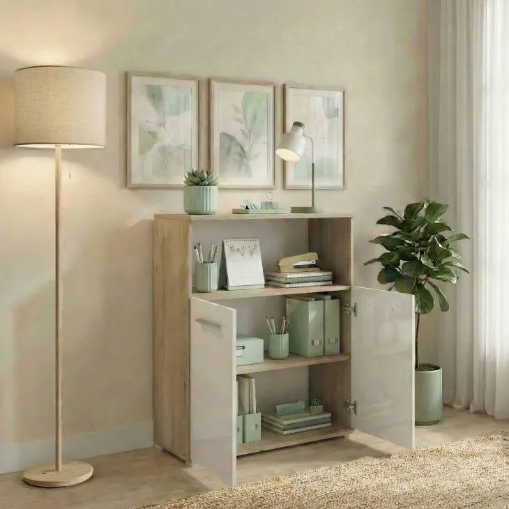 Mobile multiuso con ripiano ufficio 80x106h cm 2 ante rovere bianco lucido Time C