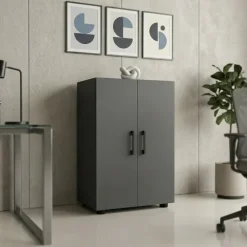 Mobile multiuso 49x74h cm moderno ufficio 2 ante 2 ripiani antracite Arkiva