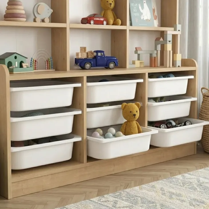 Mobile portagiochi 133x115h cm 9 scaffali e cassettiera rovere Fast Concordia