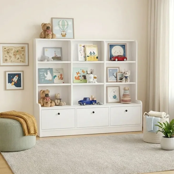Mobile portagiochi 133x115h cm 9 scaffali 3 ante bianco Toy