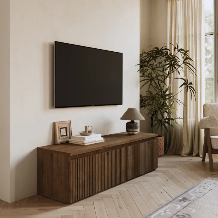 Mobile porta tv cannettato 138x40h cm con cassettone rovere scuro Sunset Decor