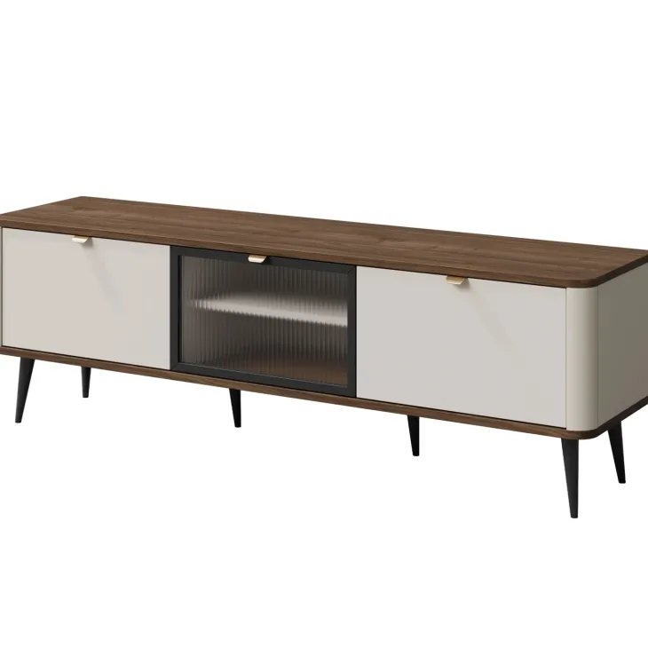 Mobile porta TV con anta vetrata 160x52 cm 3 ante a ribalta beige cashmere noce Arden