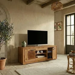 Mobile porta TV credenza 150x62h cm 2 ante 2 ripiani a vista legno massello rovere Ebania