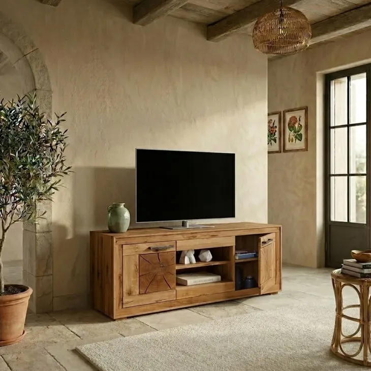 Mobile porta TV credenza 150x62h cm 2 ante 2 ripiani a vista legno massello rovere Ebania
