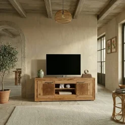 Mobile porta TV credenza 150x62h cm 2 ante 2 ripiani a vista legno massello rovere Ebania
